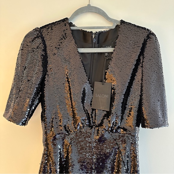 NWT - SALONI black gathered sequined tulle midi dress size US 2 - Picture 6 of 9